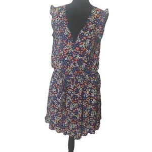 Qmack Navy Ditzsy floral in orange, yellow and white, size M, pockets, NWOT